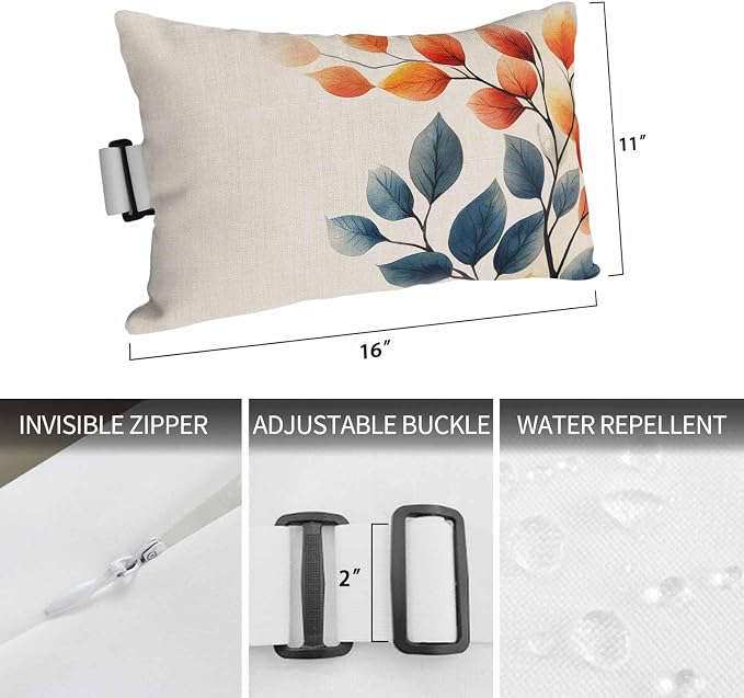 Outdoor Pillow for Chaise Lounge Chair, Farmhouse Orange Blue Leaves Waterproof Throw Pillow 11x16in Set of 1,Recliner Head Pillows for Garden Beach, Country Watercolor Botanical Patio Pillowcase