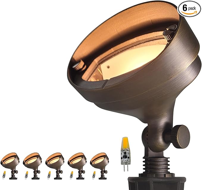 COLOER Die-cast Brass LED Landscape Flood Lights Outdoor 6-Pack with Bulb, 3W 9-17 Volt Low Voltage Wall Wash Lighting, Outdoor Floodlight for Illuminating Signs, Walls and Plant Material(501B)