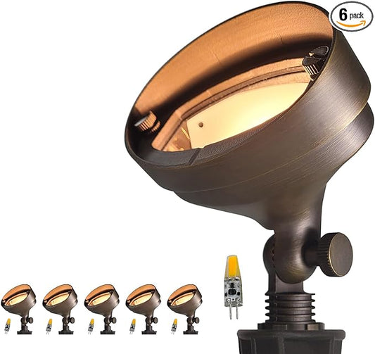 COLOER Die-cast Brass LED Landscape Flood Lights Outdoor 6-Pack with Bulb, 3W 9-17 Volt Low Voltage Wall Wash Lighting, Outdoor Floodlight for Illuminating Signs, Walls and Plant Material(501B)
