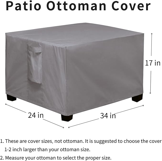 Easy-Going Rectangle Patio Ottoman Cover, Waterproof Outdoor Ottoman Cover, Fade Resistant Patio Side Table Cover, Durable Outdoor Furniture Covers with Sealed Seam (34"x24"x17", Grey)