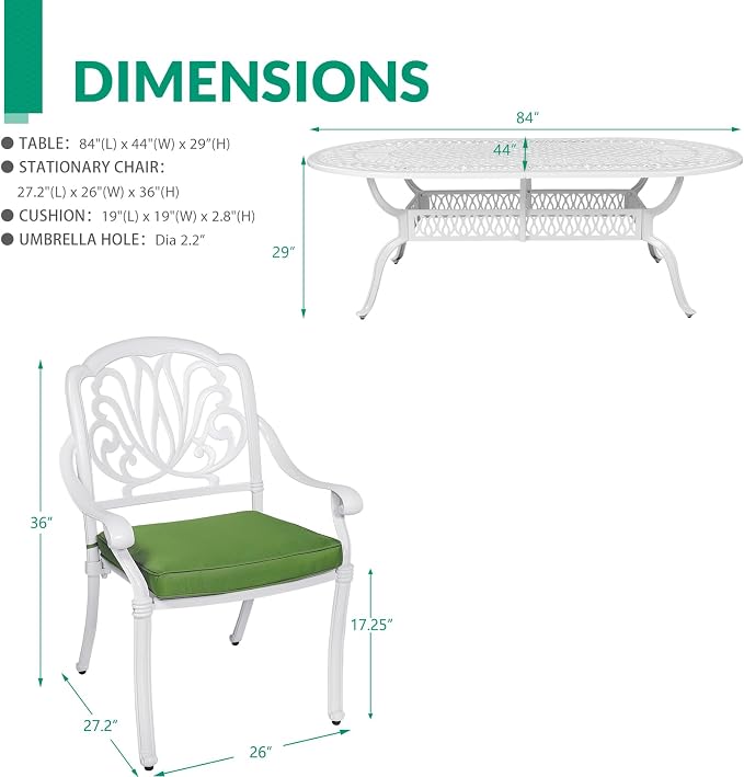 VIVIJASON 9-Piece Outdoor Furniture Dining Set, All-Weather Cast Aluminum Patio Conversation Set Include 8 Cushioned Chairs and an Oval Table with Umbrella Hole for Lawn Backyard (White/Green Cushion