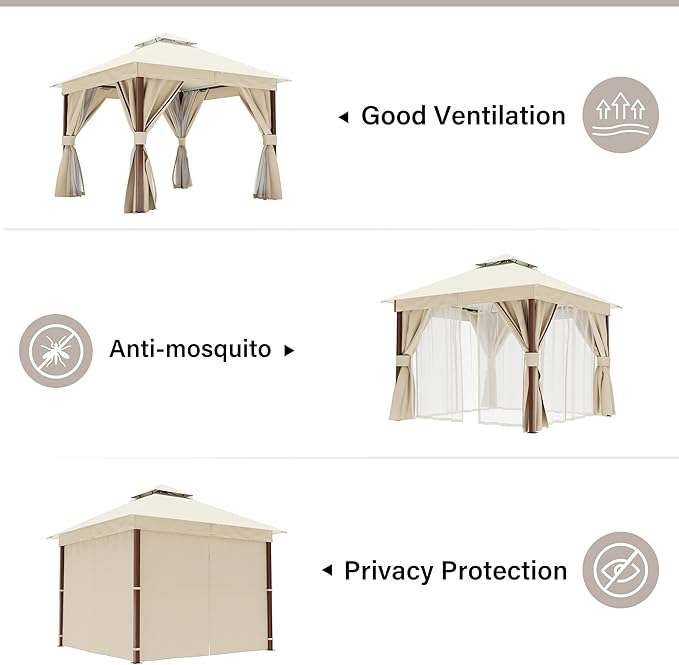 LAUSAINT HOME Patio Gazebo 10'x10' Wood-Grain, Outdoor Heavy Duty Party Tent Shelter with Double Roofs, Mosquito Nettings and Privacy Screens for Backyard, Garden, Lawn, Cream White