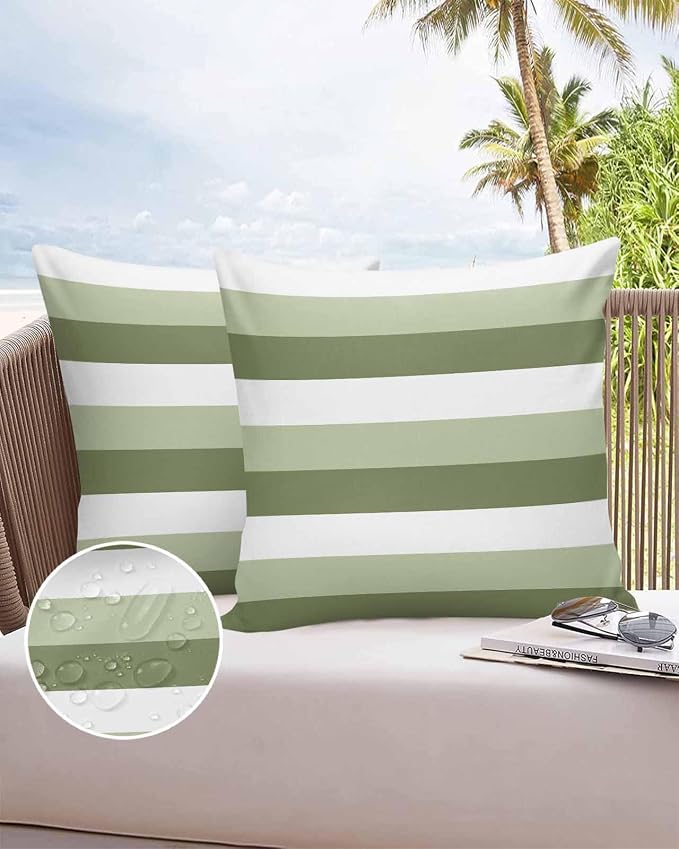 Pack of 2 Ombre Green Stripe Outdoor Pillow Waterproof Covers 20x20 inch, Geometric Art Polyester Throw Pillow Covers Garden Cushion Decorative Case for Patio Couch Decoration
