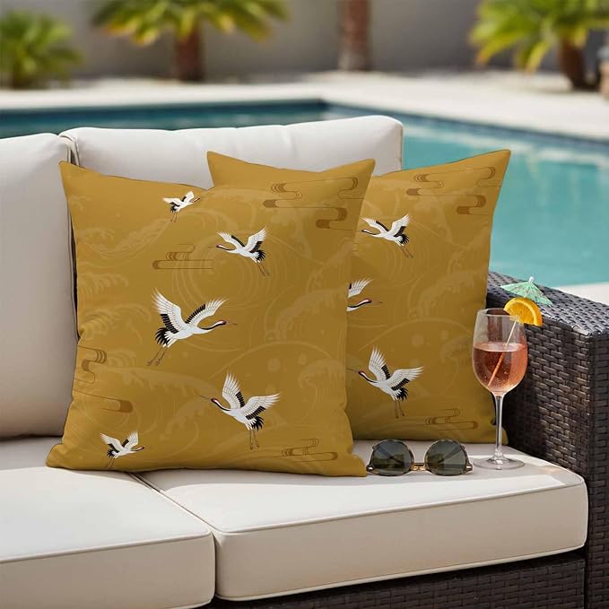 Japanese Style Outdoor Pillow Covers 20x20 Inch Throw Pillow Covers Set of 2 Waterproof Decorative Pillow Cases Vintage Art Cranes Ocean Wave Yellow Cushion Covers for Patio Furniture Garden Couch