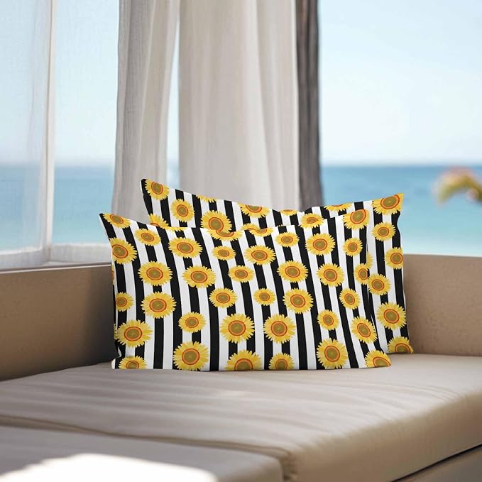 Vandarllin Outdoor Throw Pillows Covers 20x12 inch Set of 2 Waterproof Sunflower Decorative Zippered Cushion Covers for Patio Furniture, Summer Floral Black Stripes Lumbar Pillowcases