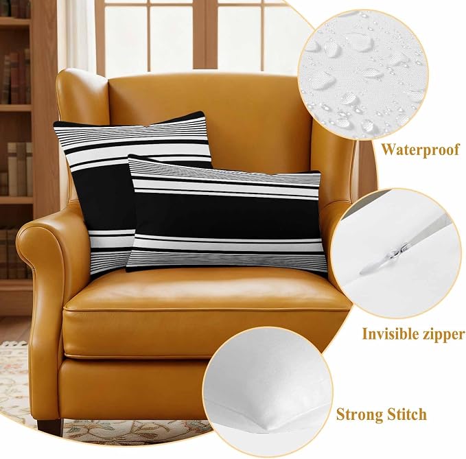 Outdoor Waterproof Throw Pillow Covers, Black Striped Decorative Pillow Cases, Modern Color Block Farmhouse Stripes Couch Pillow Protector Patio Sofa Cushion Covers Replacement 16"x16" 2 Pack