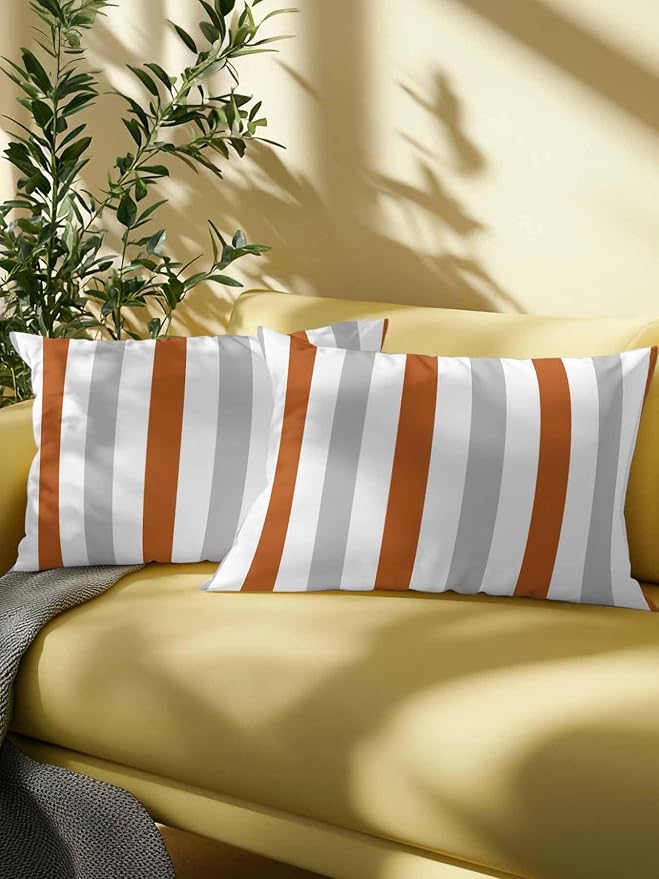 Outdoor Pillows Waterproof, Burnt Orange Gray Striped Bedding Throw Pillows with Insert for Couch Sofa Bed, Farmhouse Stripe Art 12x20 Inch Pillowcases Camping Patio Pillow Set of 2