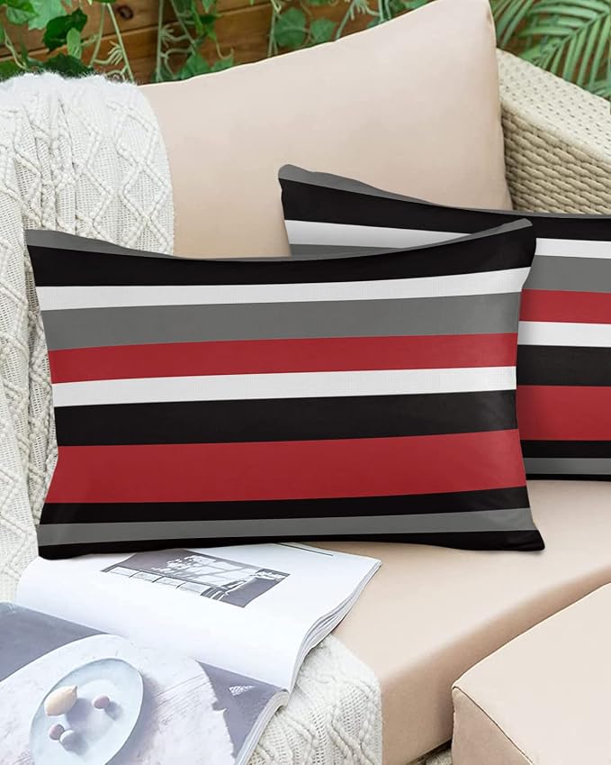 Multicolor Horizontal Stripes Outdoor Pillow Covers Set of 2, Decorative Waterproof Throw Pillow Case, Red White Gray Cotton Linen Soft Cozy Cushion Pillowcases