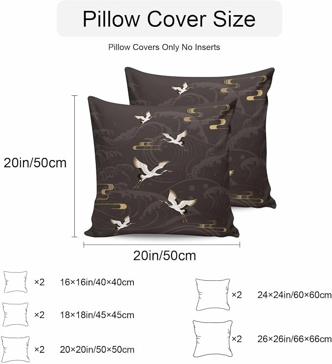 Japanese Style Outdoor Pillow Covers 24x24 Inch Throw Pillow Covers Set of 2 Waterproof Decorative Pillow Cases Vintage Cranes Ocean Wave Black Grey Cushion Covers for Patio Furniture Garden Couch