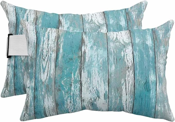Outdoor Pillows Waterproof Covers Set of 2, Turquoise Wood Grain Adjustable Elastic Chaise Lounge Head Resting Pillows, Vertical Stripes Wooden Plank Lumbar Pillow for Pool Patio Furniture 11x16 Inch