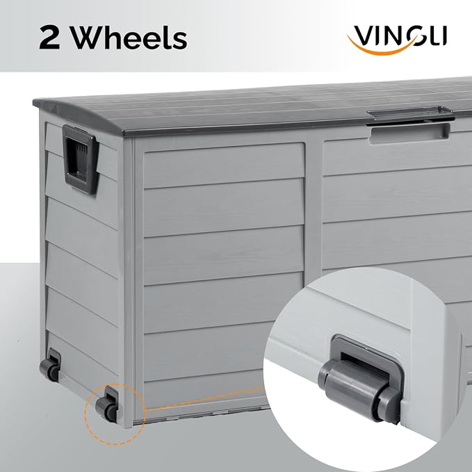 VINGLI 75 Gallon Outdoor Storage Box, Lockable Plastic Storage Containers with Lid, Patio Deck Box Furniture for Garden, Pool, Balcony, Yard (Grey)