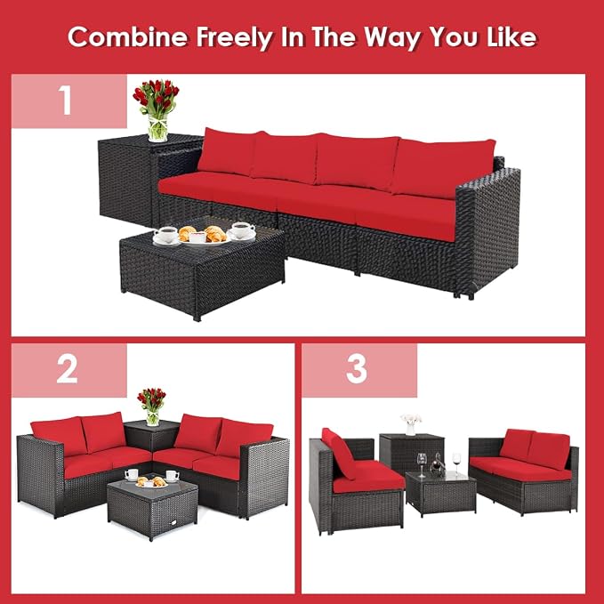 DORTALA 8 Pieces Outdoor Patio Furniture Set, Weather Resistant PE Rattan Conversation Set with Loveseats, Outdoor Sectional Sofa Set with Comfy Cushions for Garden and Poolside, Red