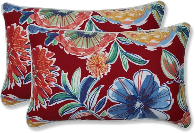 Pillow Perfect Bright Floral Indoor/Outdoor Accent Throw Pillow, Plush Fill, Weather, and Fade Resistant, Lumbar - 11.5" x 18.5" , Red/Blue Colsen, 2 Count
