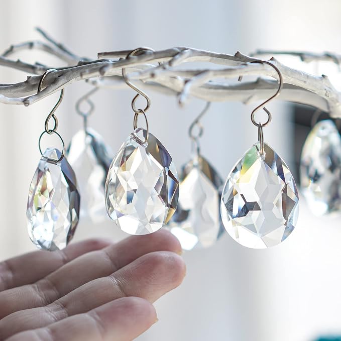 10 Pcs 38mm Clear Crystal Teardrop Chandelier Hanging Suncatcher Parts | Clear Crystal Teardrop Prisms Pendants with Hooks Suncatcher for Lamp Window Christmas Tree Wedding Decor