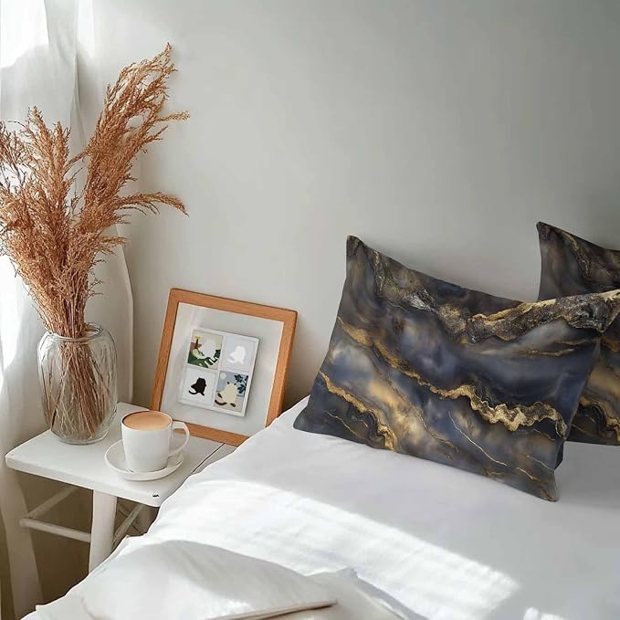 Modern Abstract Waterproof Outdoor Pillow Covers Set of 2 Home Decor, Luxury Black Golden Marble Texture Pillowcase Patio Pillow Covers for Couch Bench Furniture Garden 20x12in