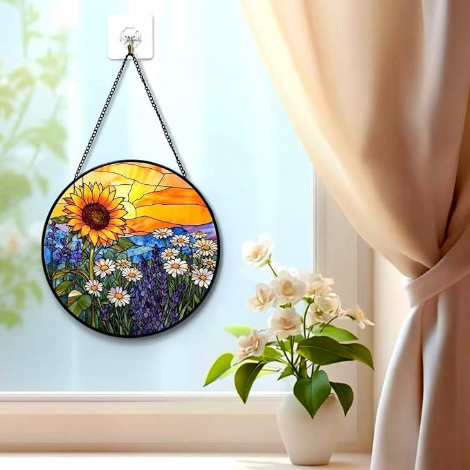 Stained Glass Window Hanging - Sunflowers, Daisies, Lavender and Sunset 7.8 Inches Suncatcher for Garden Home Decor for Women Mon Grandma Friends