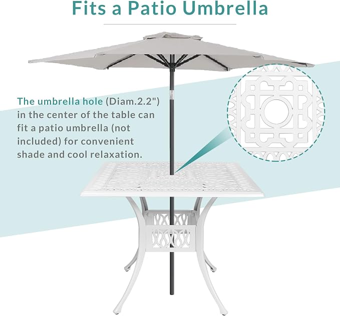 MEETWARM 5-Piece Outdoor Patio Dining Set, All-Weather Cast Aluminum Patio Conversation Set for Backyard Garden Deck with 4 Cushions Swivel Rocker Chairs and 35.4" Square Table, White