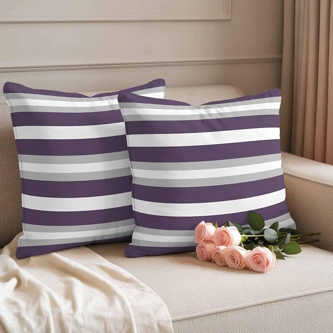 Throw Pillow Covers 20x20 Inch Set of 2, Purple Grey Stripe Waterproof Outdoor Pillow Covers, Minimalist Farmhouse Striped Decorative Cushion Pillowcases for Couch, Sofa, Bed, Garden, Patio