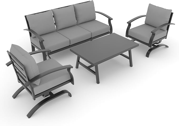 Metal Patio Furniture Set,4 Pieces 5 Seats Patio Sectional Outdoor Furniture Set with Rectangular Coffee Table,Patio Conversation Sets with 5.1" Thickened Cushions,GreyGrey