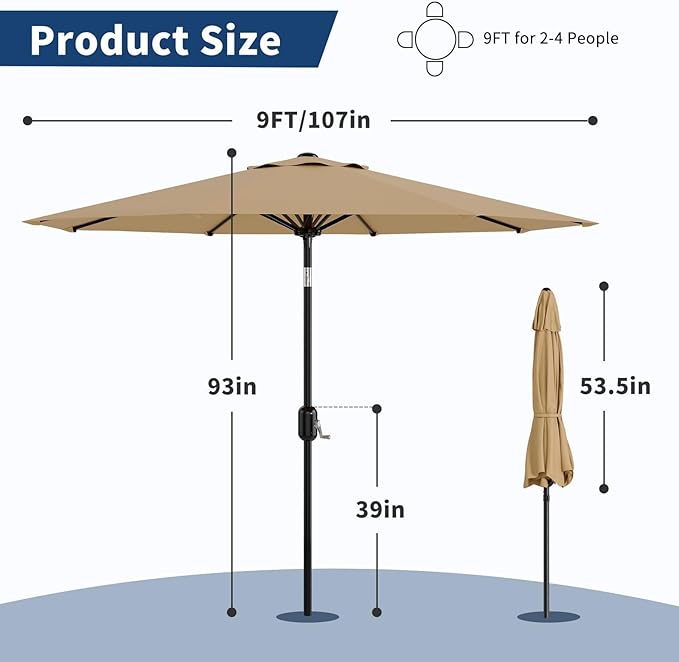 Garvee 9 ft Patio Umbrella - 8 Sturdy Ribs Outdoor Table Umbrella with Crank Lift & Push Button Tilt - Market Umbrella for Pool, Deck, Yard, Garden - Tan