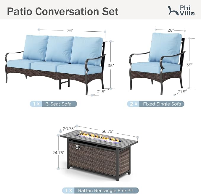 Patio Furniture Set with 56" Fire Pit Table, Premium Outdoor Wicker Metal Frame Furniture with Upgraded Waterproof Thick Cushions for Porch, Poolside, Deck, and Yard （4 Pieces,Blue）