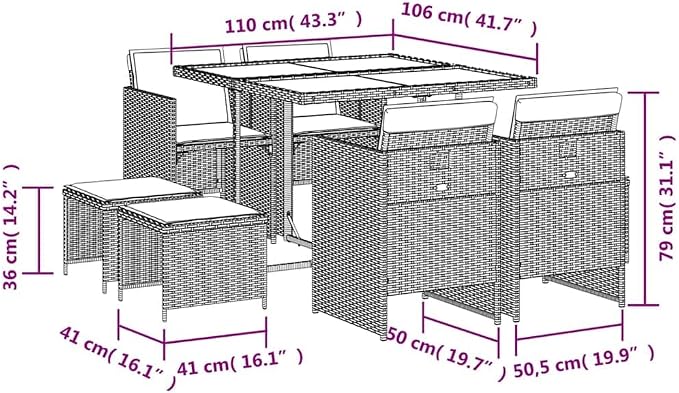 9 pcs Set Garden Dining Set & Balcony Furniture Black PE Rattan Patio Dining Set Outdoor Dining Set for Garden Backyard Patio 110 x 106 x 73 cm