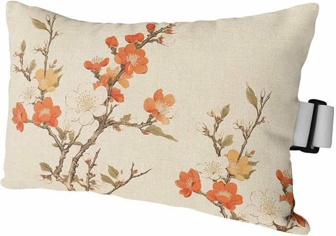 Chaise Lounge Head Resting Pillows,Retro Flower Plum Blossom Bud Branch Leaves Linen Outdoor Chaise Pillows,Waterproof Patio Furniture Pillows with Insert and Adjustable Elastic Strap for Beach Chair