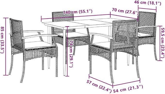 5 Piece Garden Dining Set, Beige PE Rattan Patio Furniture with 4 Cushioned Chairs and Rectangular Tempered Glass Table, Modern Outdoor Wicker Dining Set for Backyard and Terrace