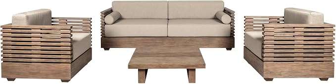 Armen Living Vivid Outdoor Patio 4 Piece Conversation Set in Light Eucalyptus Wood with Taupe Olefin Cushions