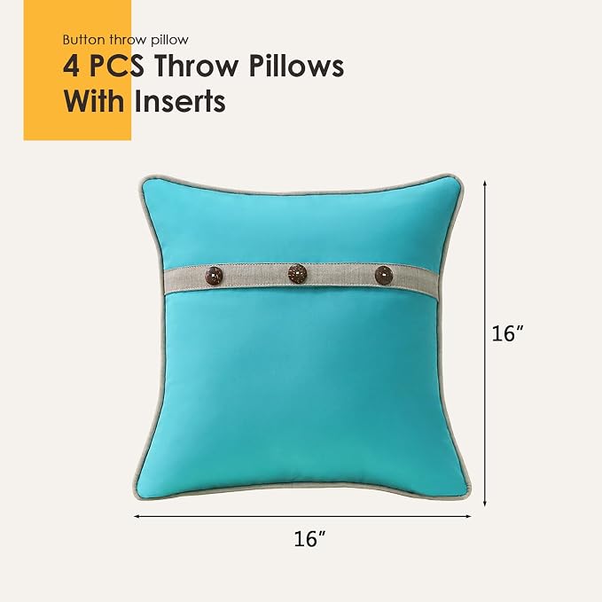 Outdoor Sunbrella Decorative Pillows with Triple Coconut Buttons Pack of 4, 16" x 16" Outdoor Pillow Set for Couch Bed Throw Patio Sofa, Canvas Aruba/Cast Ash