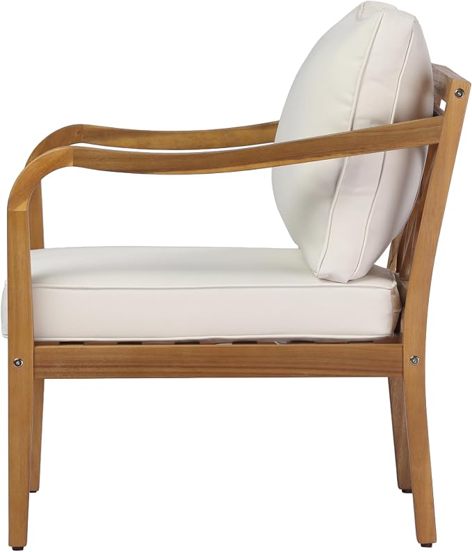 Merax Outdoor Acacia Wood Armchair Set of 2 with Elegant Cross Back Design, Deep Seating Patio Lounge Chairs with Removable Soft Cushions for Porch, Garden, Backyard, Balcony, Teak & Beige