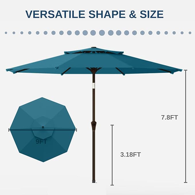 9FT Patio Umbrella 2-Tier Outdoor Market Table Umbrella with Push-Button Tilt & Crank | UPF 50+ & Waterproof for Backyard,Garden,Pool,Deck (Lake Blue)