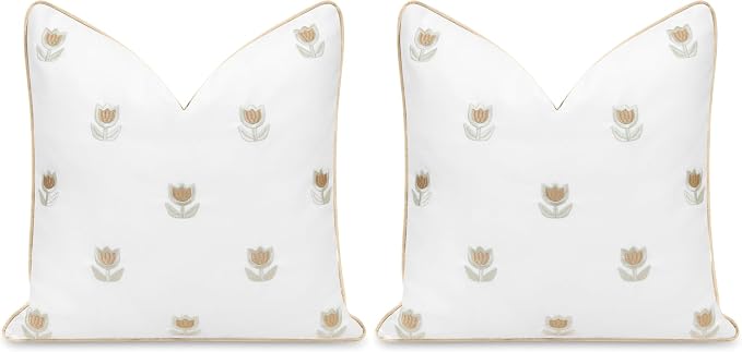 Hofdeco Premium Coastal Patio Indoor Outdoor Throw Pillow Cover Only, 20”x20” Water Repellent for Backyard, Couch, Tan Embroidered Tulips Floral with Piping (Pack of 2)