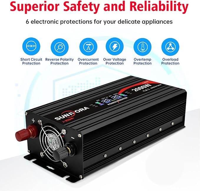 2000 Watt Power Inverter 12V DC to 110V/120V AC Converter 4000W Peak with LCD Display, 3 AC Outlets & 2 USB Ports Power Inverters for Vehicles Car Truck Boat RV Camping Solar System EPS