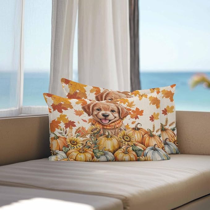 Orange Cute Dog Outdoor Waterproof Pillow Covers, Fall Pumpkins Maple Leaves Retro Pastoral Decorative Rectangle Throw Pillowcase Sofa Cushion Sham for Patio/Couch/Chair, 20"x12" 2 Pack