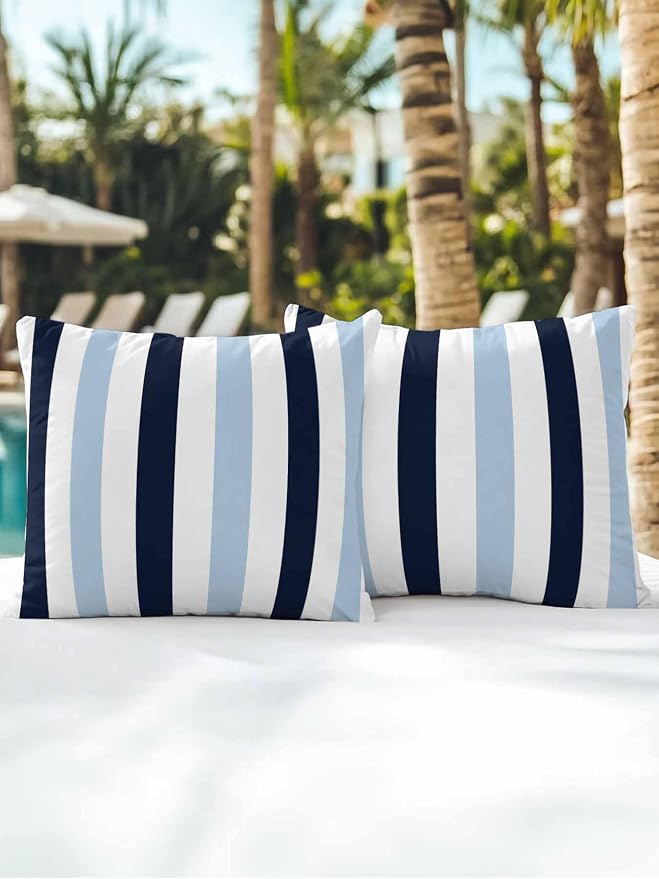Outdoor Pillows Waterproof, Navy Blue Aqua Striped Bedding Throw Pillows with Insert for Couch Sofa Bed, Farmhouse Stripe Art 16x16 Inch Pillowcases Decorative Camping Patio Pillow Set of 2