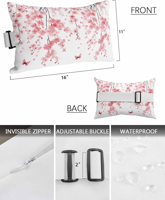 Pack of 2 Outdoor Lumbar Cushions with Inserts, Pink Peach Blossoms Flowers Branches Butterflies Waterproof Fluffy Fade Body Pillows, Patio Furniture Pillow for Home Balcony Garden Decor 11x16IN