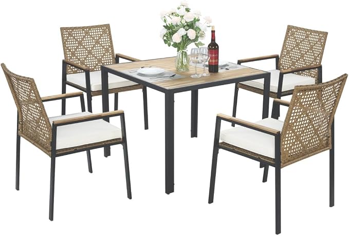 Outdoor Rattan 5 Piece Patio Dining Table Set Yellow Cushions Acacia Wood Top with Umbrella Hole All Weather 43 Inches for Backyard Deck Poolside Summer BBQ Essentials Aesthetic Backyard