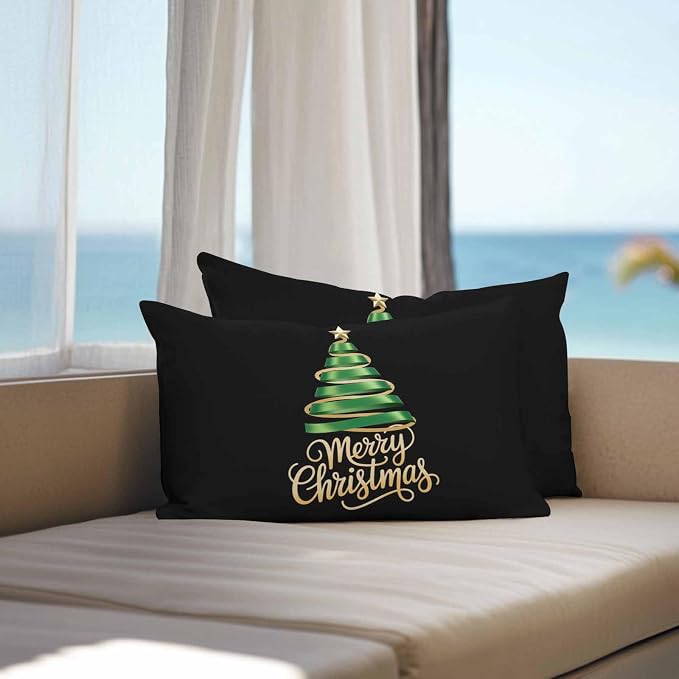 Black Christmas Tree Lumbar Pillow Covers 12 x 20 Inches, Green Xmas Tree with Star Waterproof Throw Pillow Cover Set of 2, Christmas Black Decorative Rectangle Cushion Covers for Patio/Couch