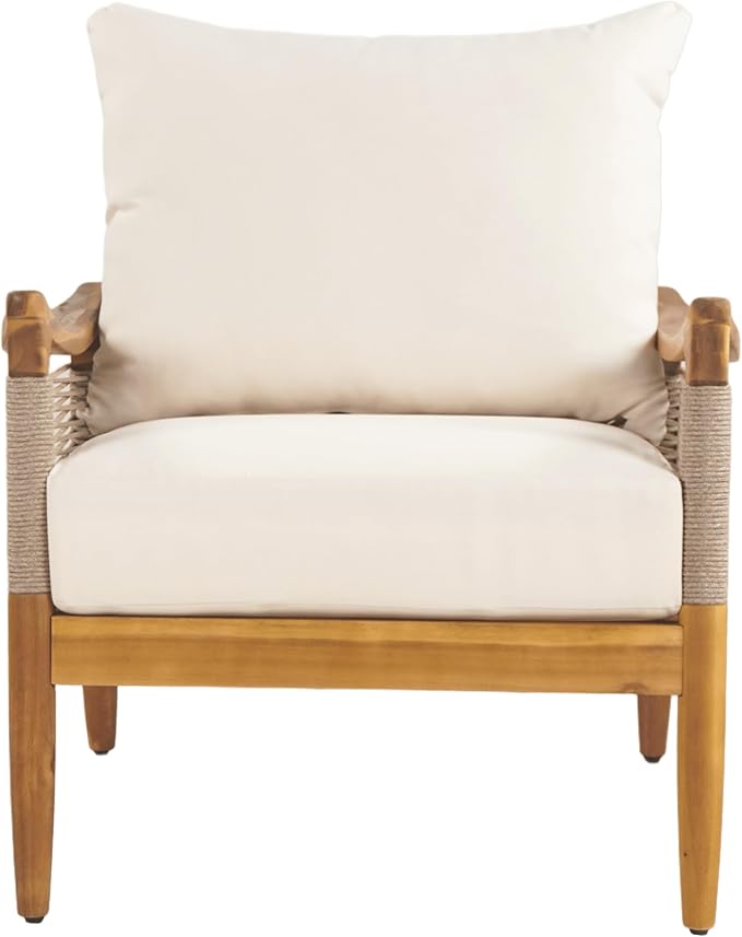 Merax Woven Rope Patio Club Chair, Acacia Wood Outdoor Armchair | Teak-Finish Acacia Frame, Woven Rope Seat, Thick Cushion, Deep Seating For Patio, Porch, Garden, Backyard Or Balcony
