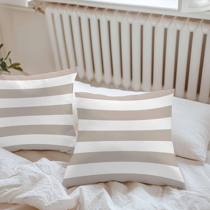Outdoor Waterproof Throw Pillow Covers Set of 2 Khaki White Stripe Pillowcases 16x16 Inches Simple Style Striped Decorative Pillows Cushion Case Patio Pillows for Couch Bed Chair Garden