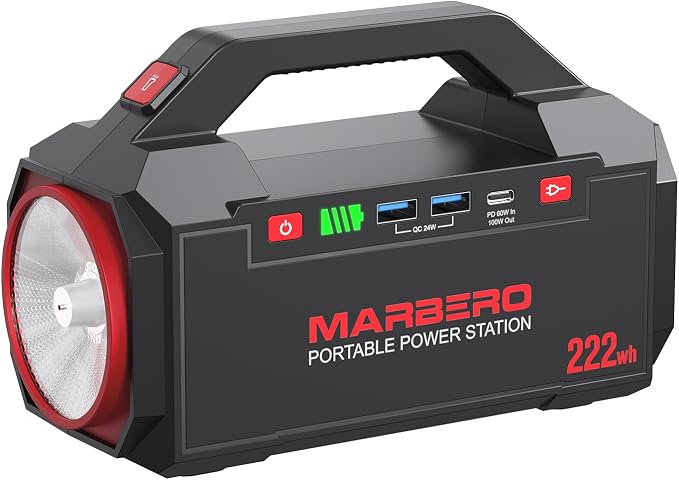 MARBERO Portable Power Station 222Wh Battery Pack 100W (150W Surge) Power Bank Flashlight High Lumens Fast Charging Power Bank with AC Outlet for Outdoor Camping Hurricane Backup Emergencies