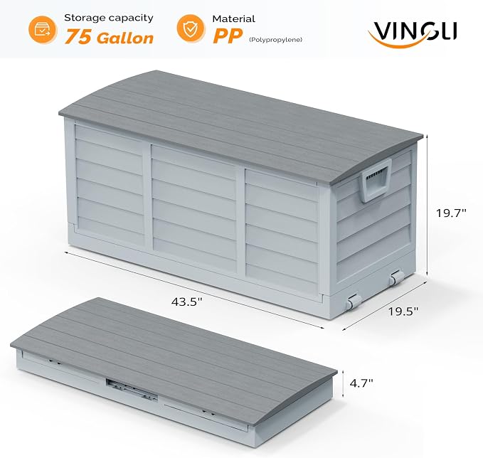 VINGLI 75 Gallon Collapsible Outdoor Storage Box, Simple-to-assemble Plastic Storage Containers with Lid, Patio Deck Box Furniture for Garden, Pool, Balcony, Yard (Grey)