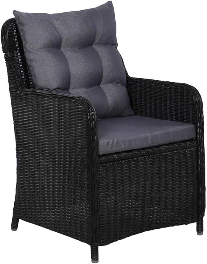 Afuera Living Outdoor Patio Dining Set, Acacia Wood Table with Black Powder-Coated Steel Frame, Includes 8 Cushioned Seats, Weather-Resistant, Vintage Style for Garden or Terrace, 9-Person Seating