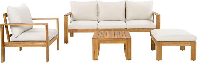 JIVOIT 4 Pieces Outdoor Sectional Sofa Set, Acacia Wood Patio Conversation Set with Coffee Table, Ottoman and 2 Chairs for Backyard Porch Garden Balcony