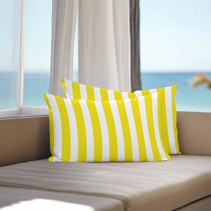 Yellow Striped Outdoor Waterproof Throw Pillow Covers 20x12 Set of 2, Modern Farmhouse Yellow White Stripes Decorative Pillowcases Cushion Pillowcase for Couch Sofa Patio Outside Pillow Protector
