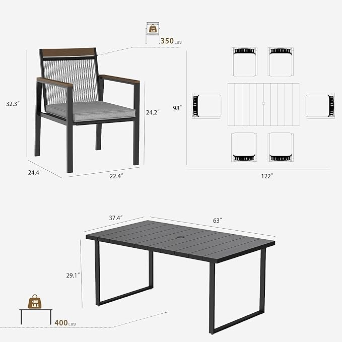 7-Piece Patio Dining Table and Chair Sets, Outdoor Metal Dining Furniture Set with Umbrella Hole, 6pcs Patio Chairs with Cushions for Backyard, Deck (Black/Brown, 7Pcs)