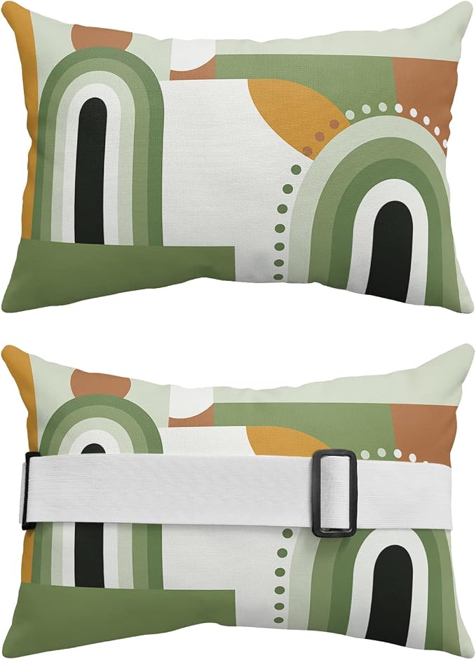 Outdoor Pillows Covers with Inserts Mid-Century Modern Art Geometric Abstract Green Waterproof Pillow with Adjustable Strap Throw Pillows for Patio Furniture Recliner Lounge Chair, 12x20 inch, 2PCS