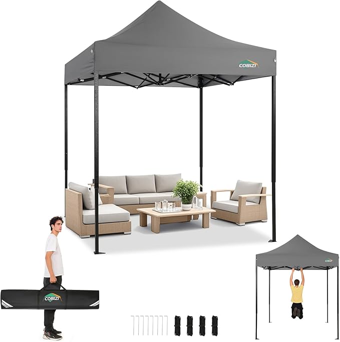 COBIZI 6.6x6.6 Heavy Duty Pop up Canopy Tent Without Sidewalls, Easy Set-up Commercial Outdoor Party Tent, 100% Waterproof Wedding Canopy Gazebo, 3 Height Adjustable with Carry Bag, Gray
