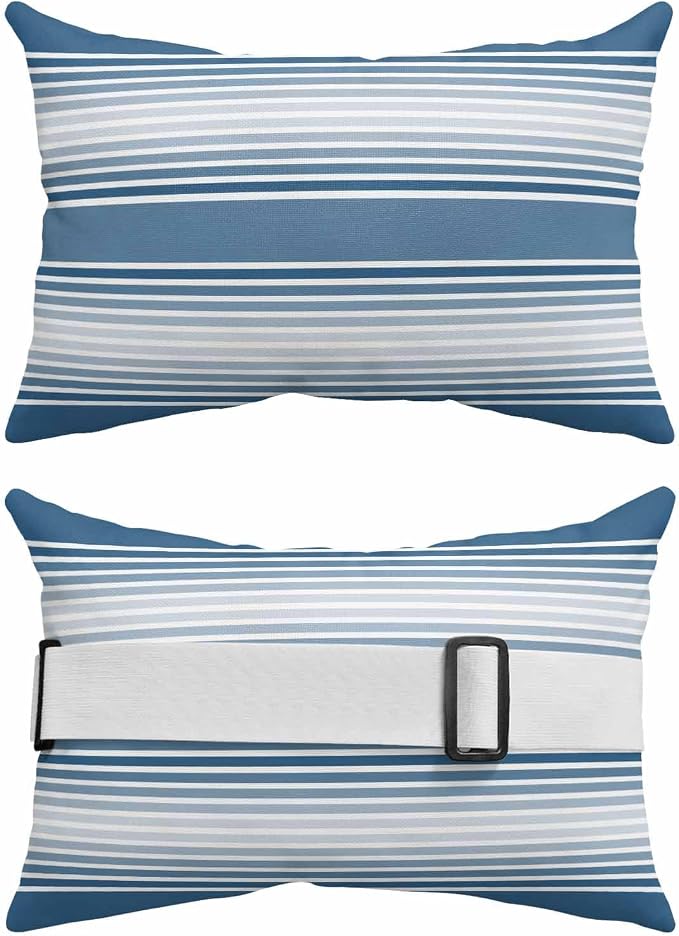 Pack of 2 Outdoor Lumbar Pillow Covers 11x16 Inch, Blue Striped Waterproof Throw Pillow Covers Set, Blue Ombre Farmhouse Stripes Indoor&Outdoor Decorative Cushion Cases for Patio Porch Car